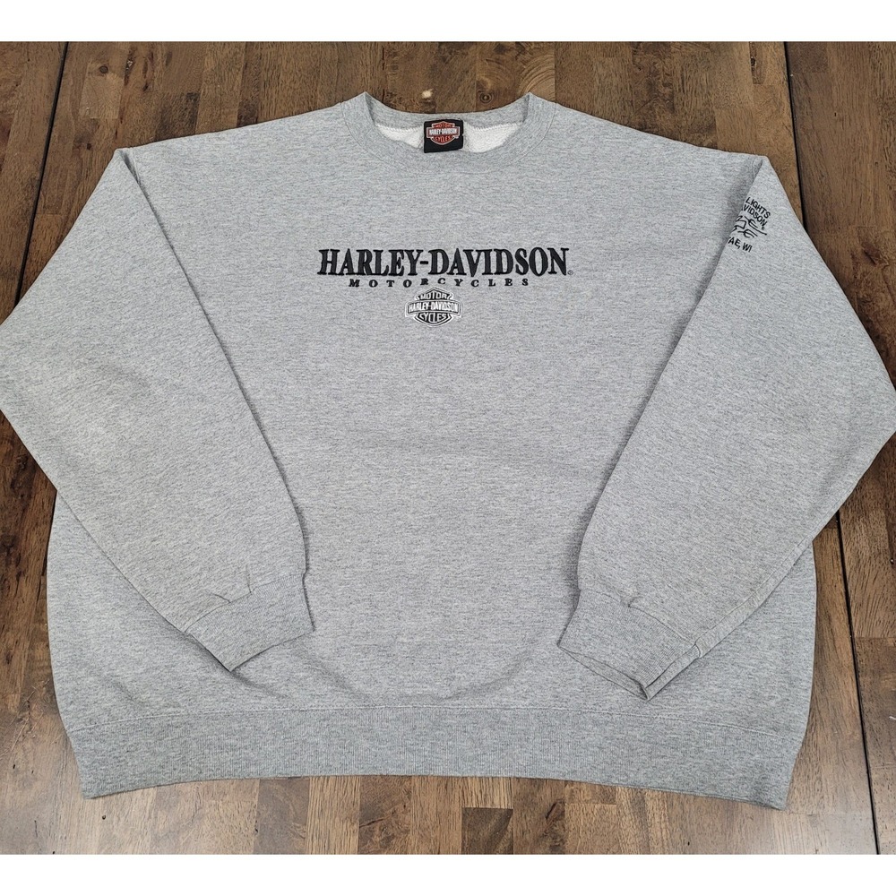 Harley Davidson Y2K Crewneck Sweatshirt XL Gray Embroidered Northern Lights WI